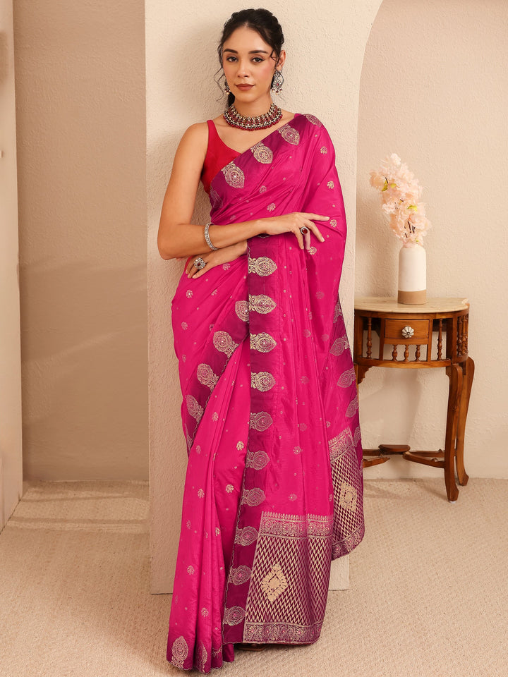 Libas Rani Pink Ethnic Woven Design Silk Blend Saree