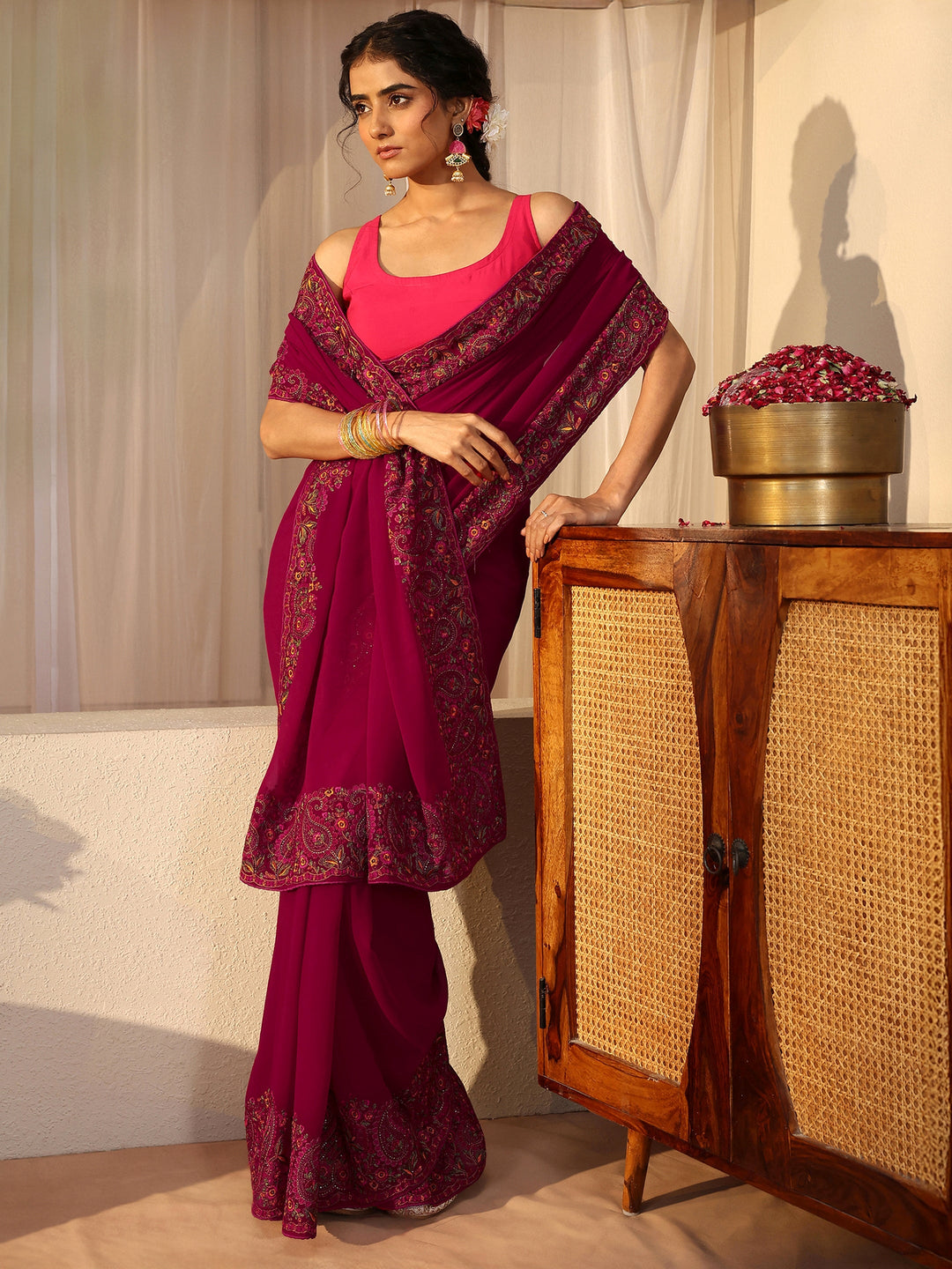 Rani Pink Floral Embroidered Border Georgette Saree