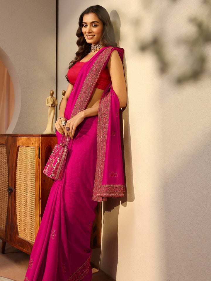 Rani Pink Floral Embroidered Silk Blend Saree