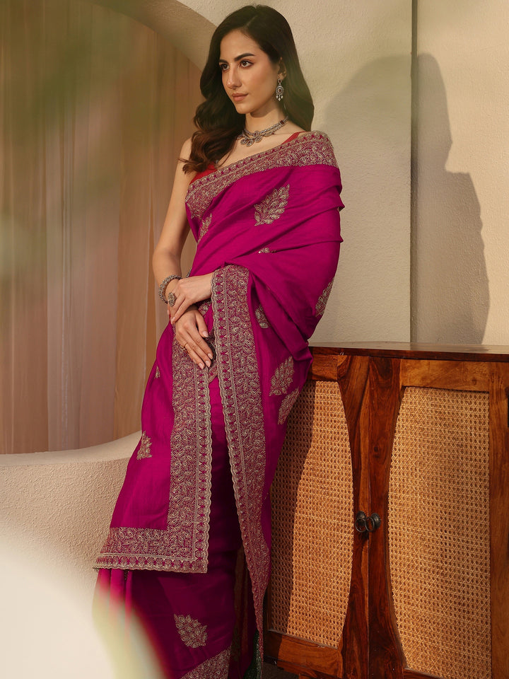 Rani Pink Floral Embroidered Silk Blend Saree