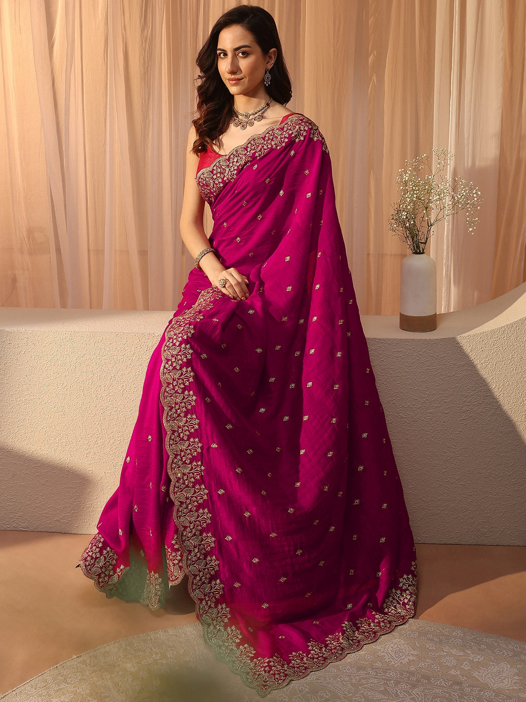 Rani Pink Floral Embroidered Silk Blend Saree