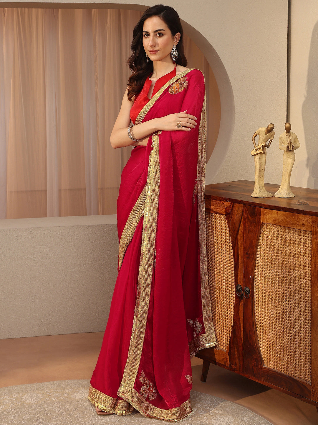 Raspberry Red Embellished Tissue Saree