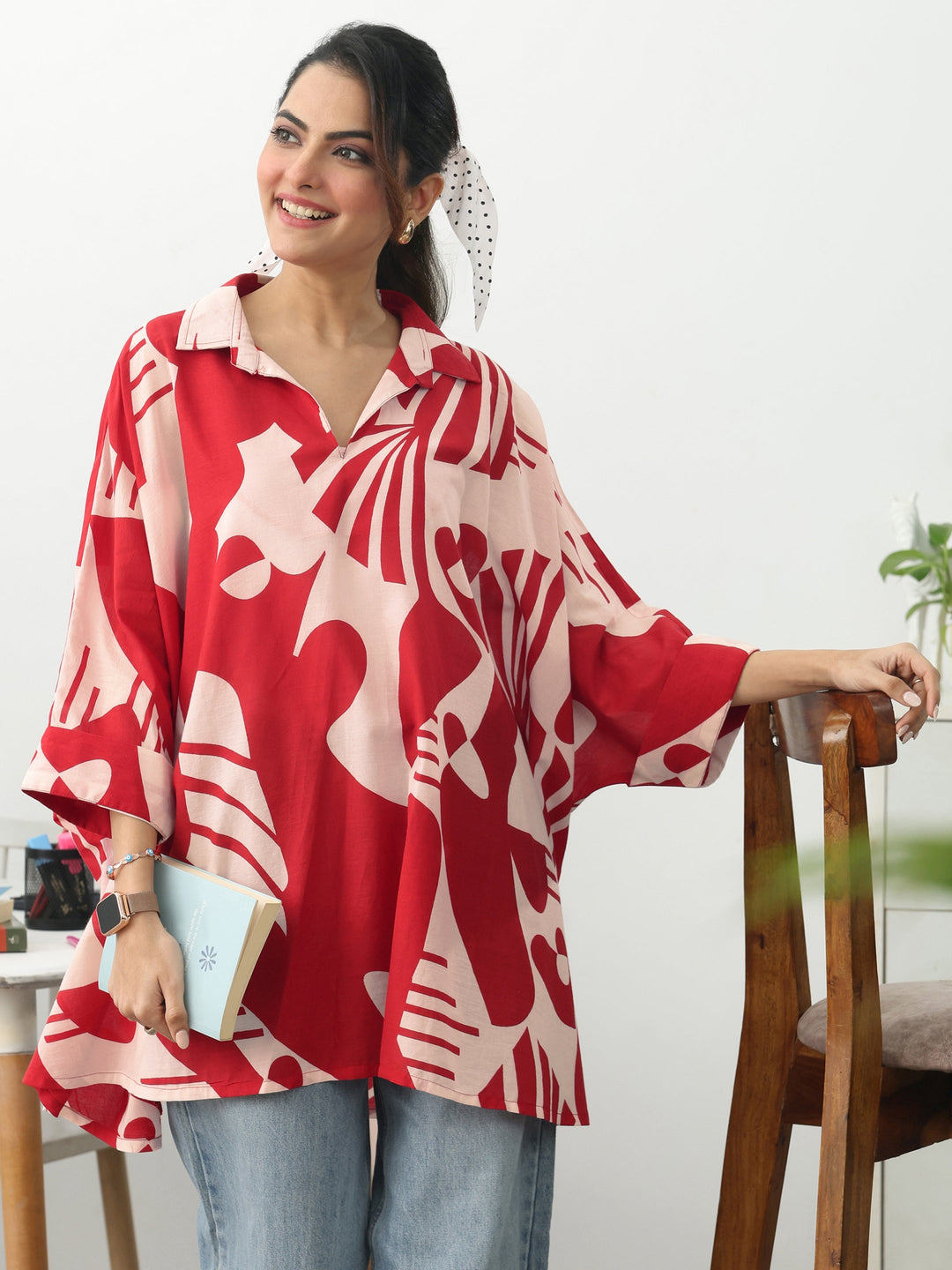 Red Abstract Printed Cotton Blend A-Line Short Kurti