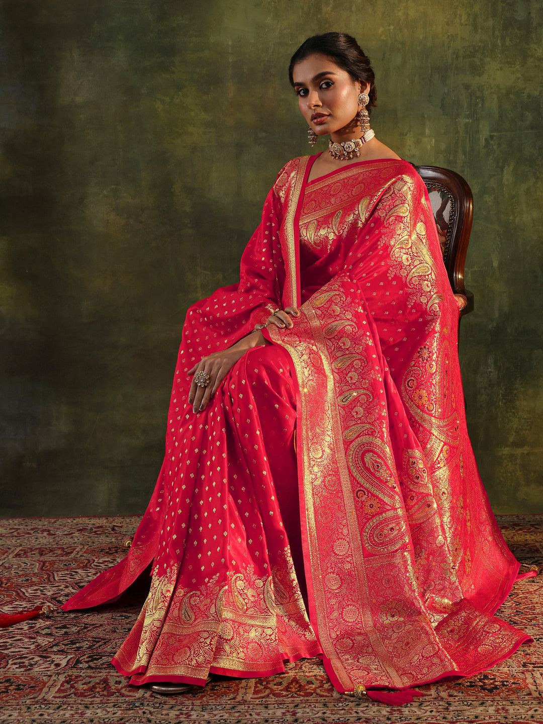 Red Banarasi Silk Saree With Unstitched Blouse And Dupatta