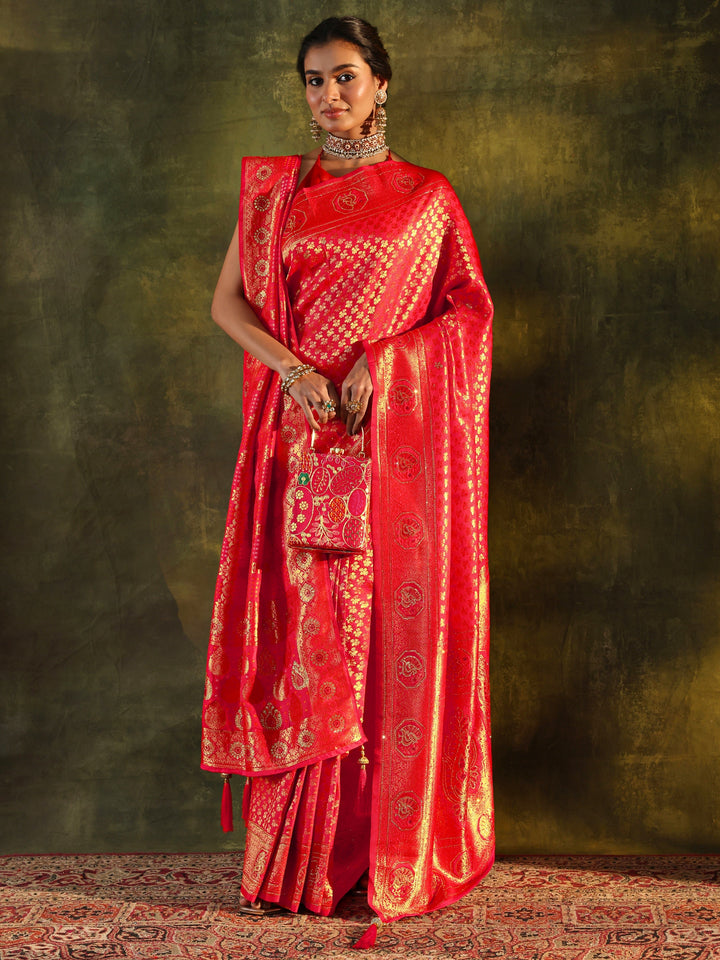 Red Banarasi Silk Saree With Unstitched Blouse And Dupatta