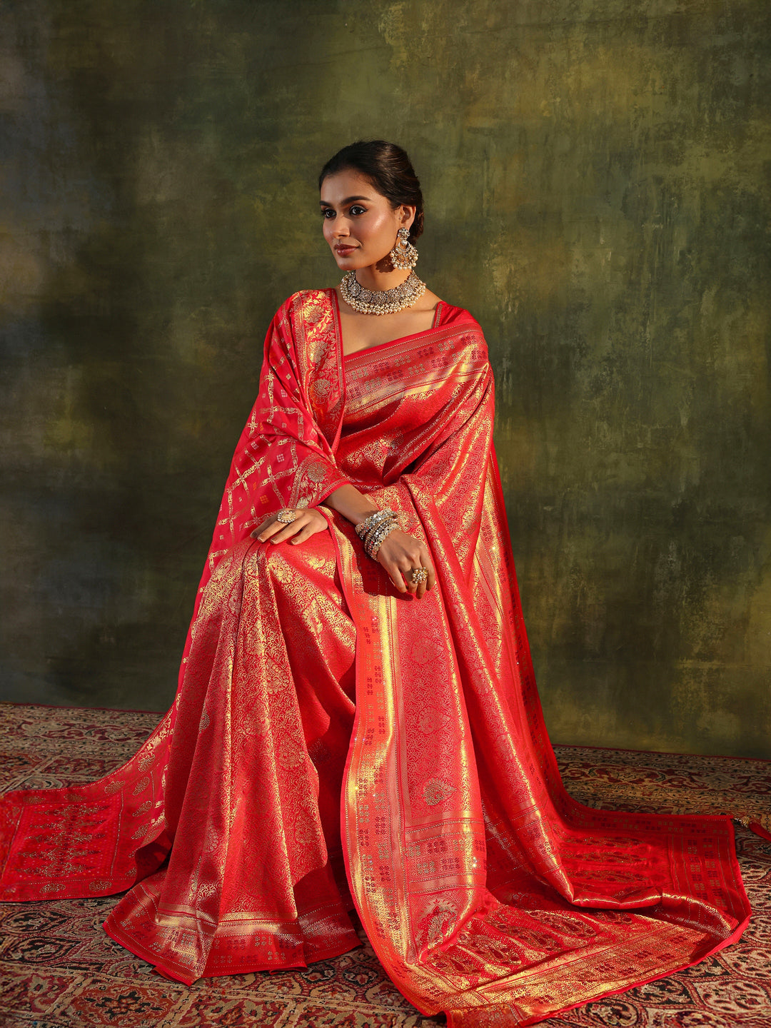 Red Banarasi Silk Saree With Unstitched Blouse And Dupatta