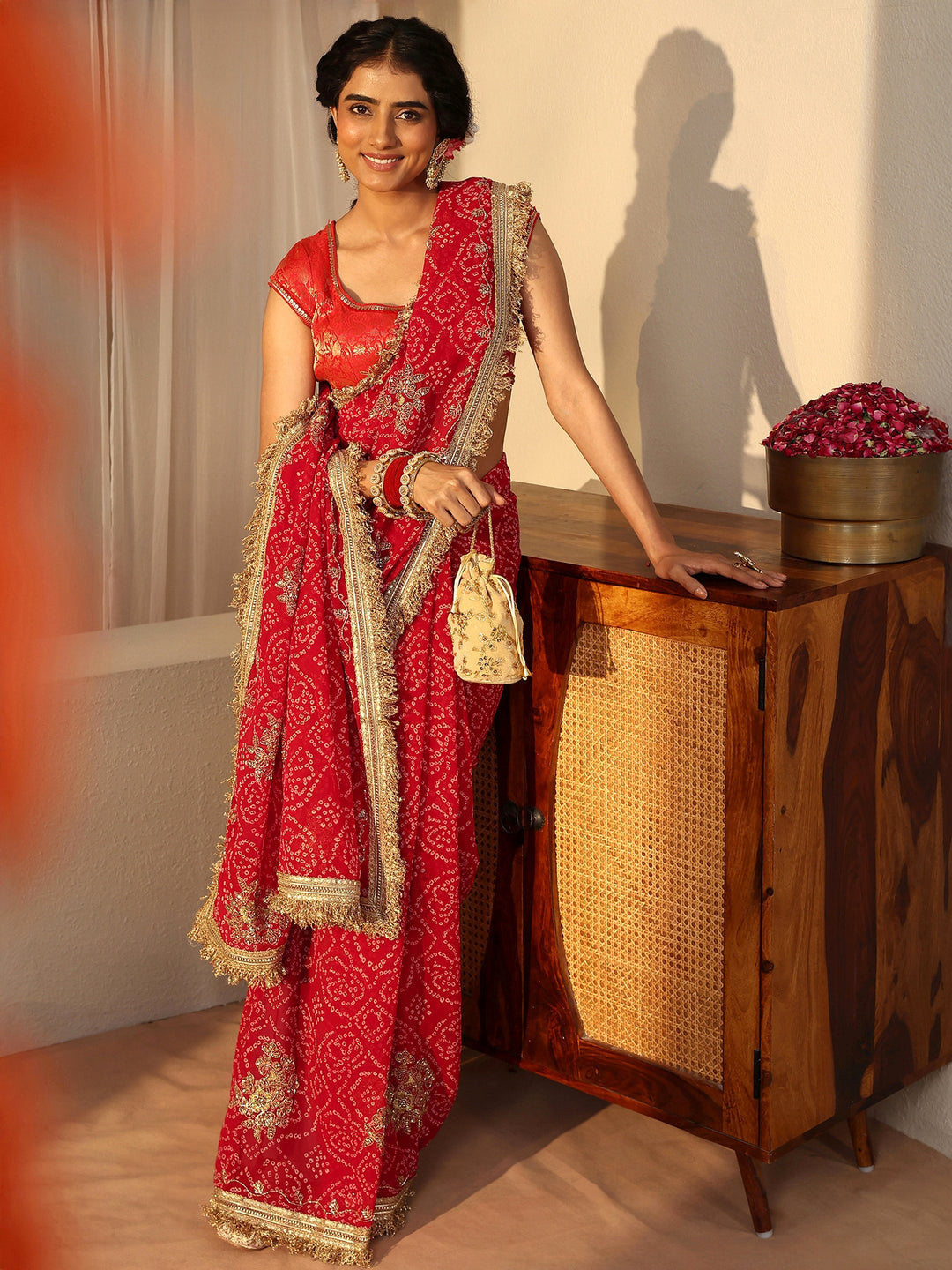 Red Bandhani Printed Chiffon Saree
