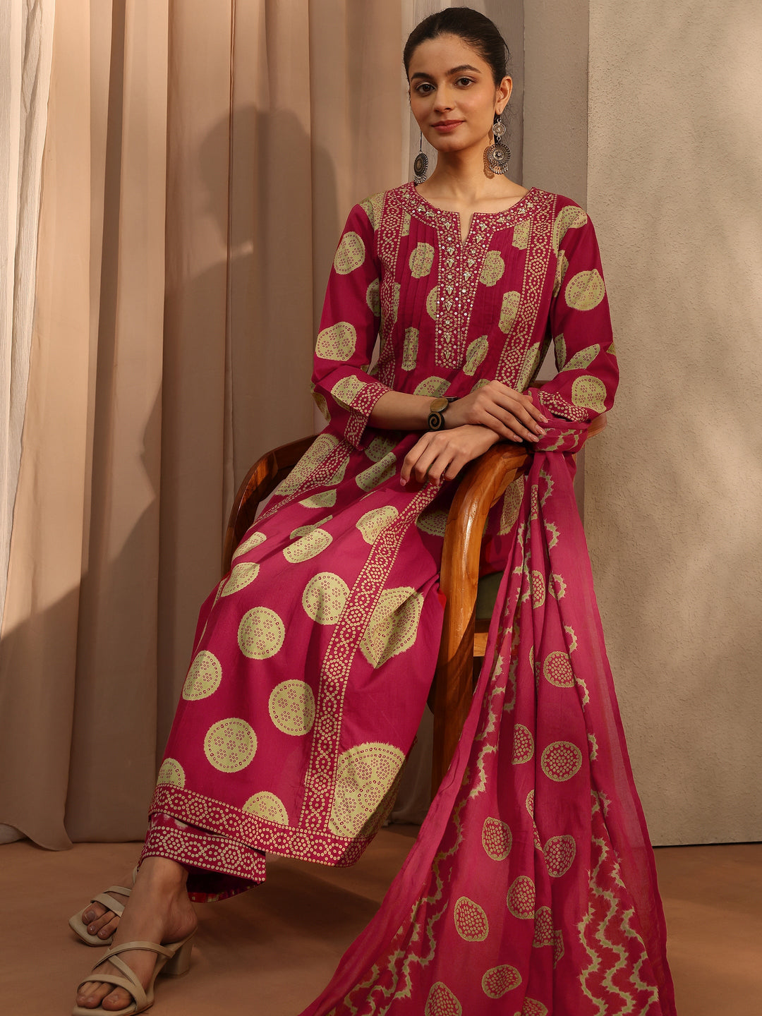 Red Bandhani Printed Cotton Blend A-Line Suit Set With Dupatta