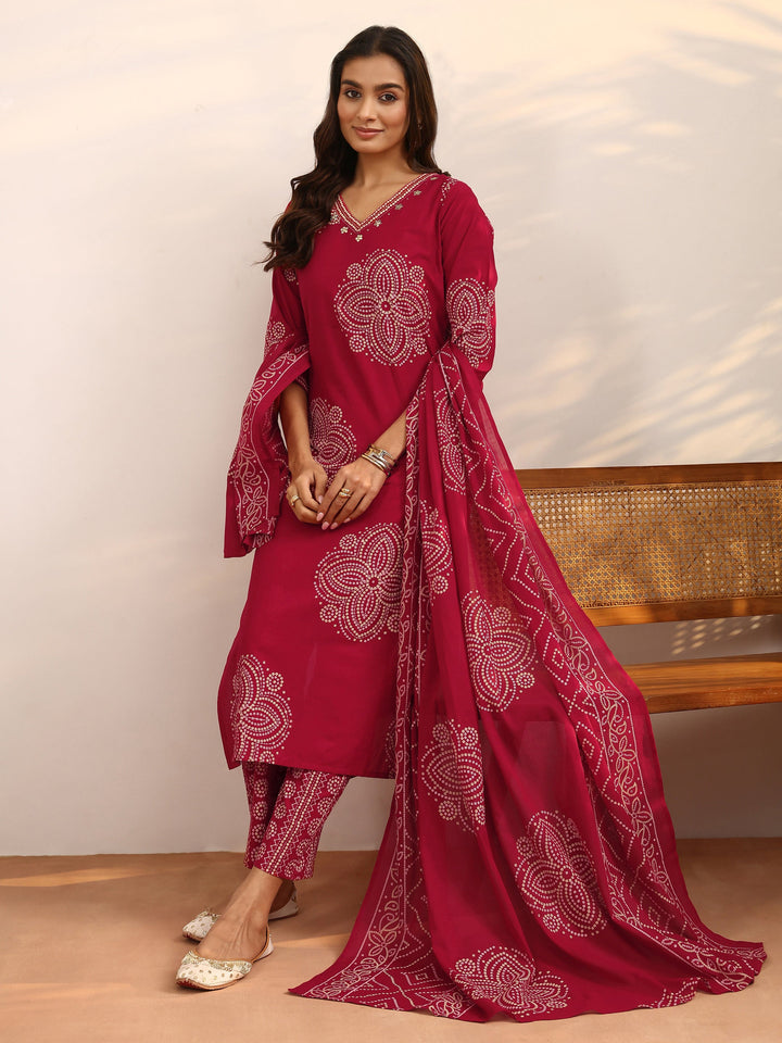 Red Bandhani Printed Cotton Suit Set With Dupatta