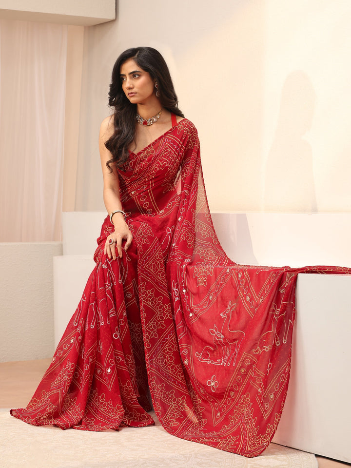 Libas Red Bandhani Printed Georgette Saree