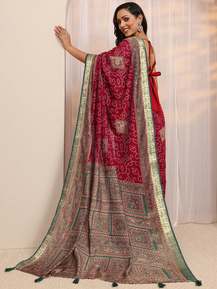 Red Bandhani Printed Silk Blend Saree 
With Unstitched Blouse Piece