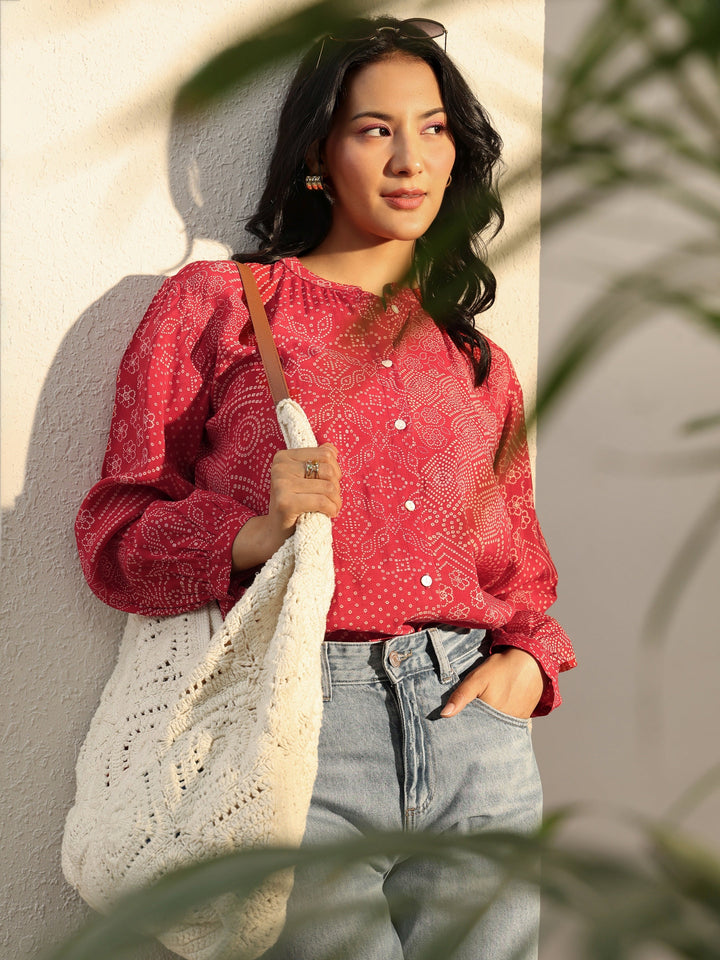 Red Bandhani Printed Silk Blend Shirt