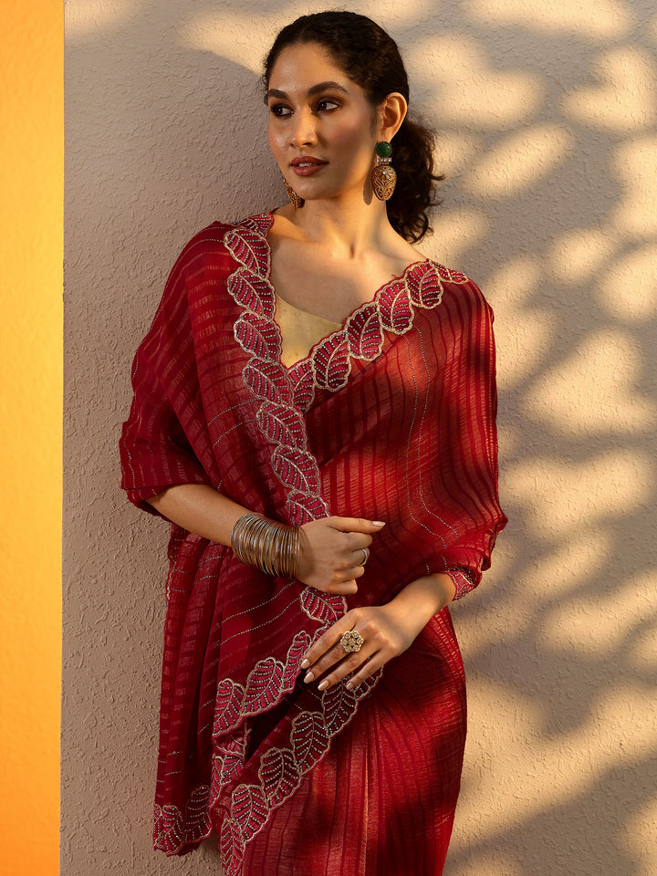 Red Embellished Chiffon Saree With Unstitched Blouse Piece