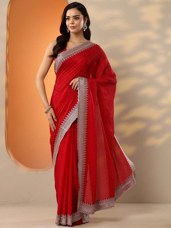 Red Embellished Organza Saree With Unstitched Blouse Piece