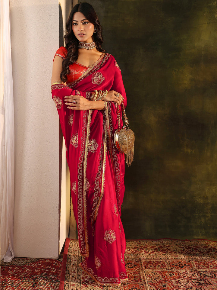 Red Embellished Satin Saree With Unstitched Blouse Piece
