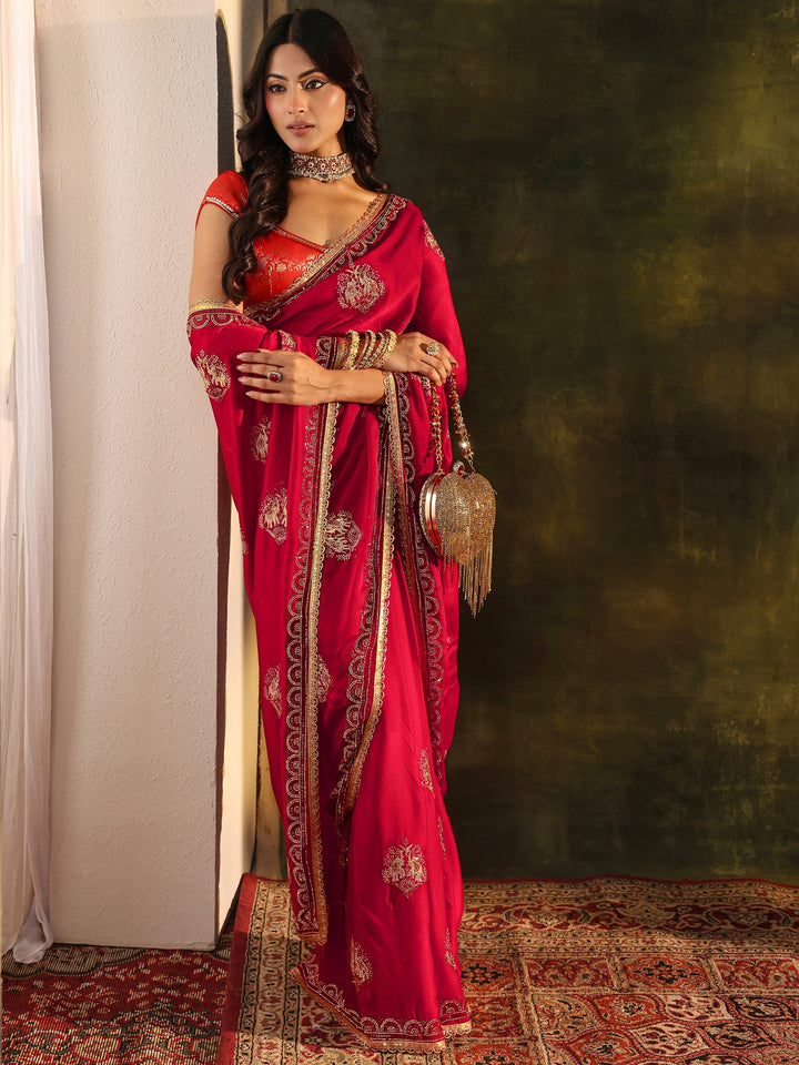 Libas Red Embellished Satin Saree With Unstitched Blouse Piece