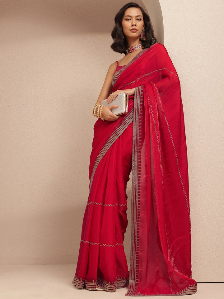 Red Embellished Silk Blend Saree With Unstitched Blouse Piece