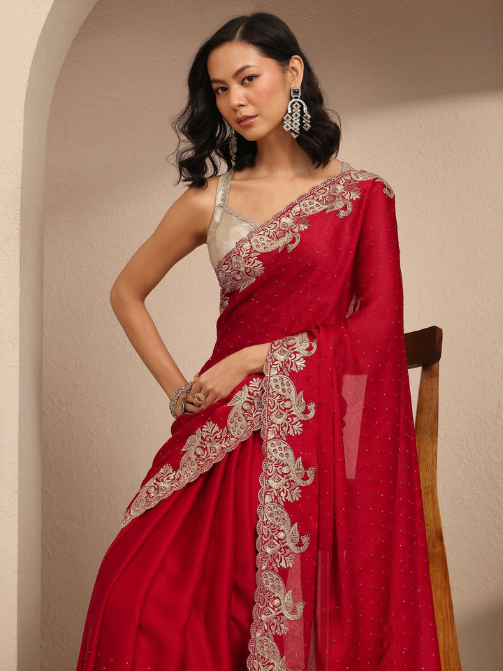 Red Embellished Silk Blend Saree With Unstitched Blouse Piece
