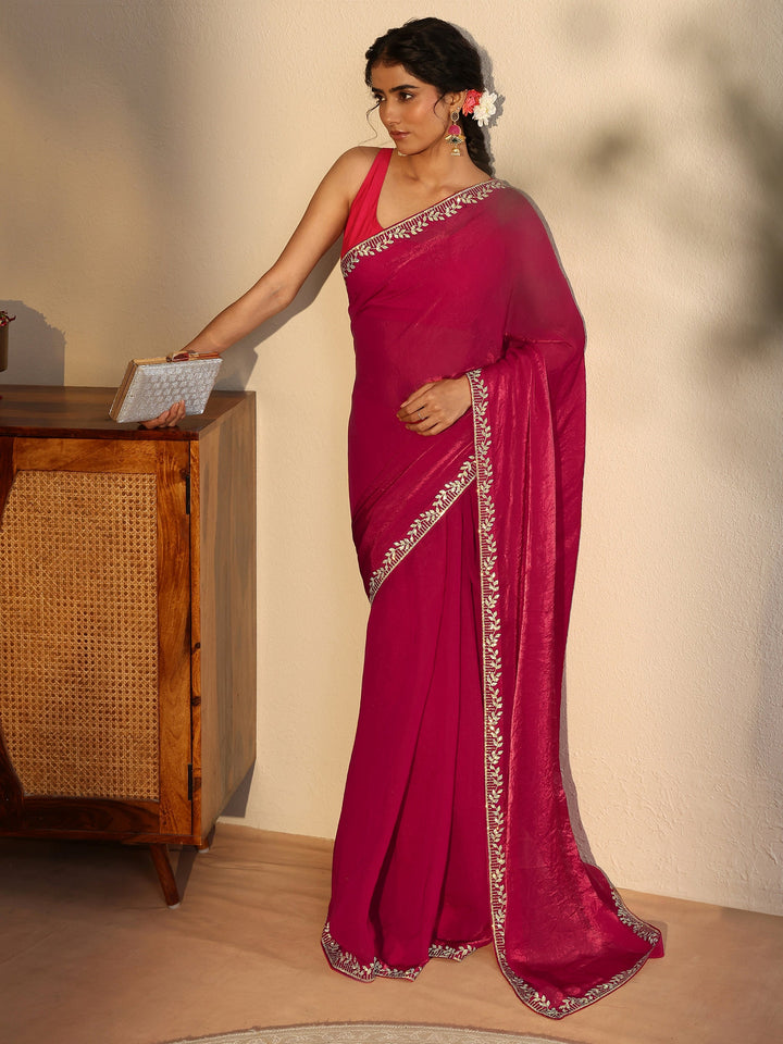 Red Embellished Tissue Saree