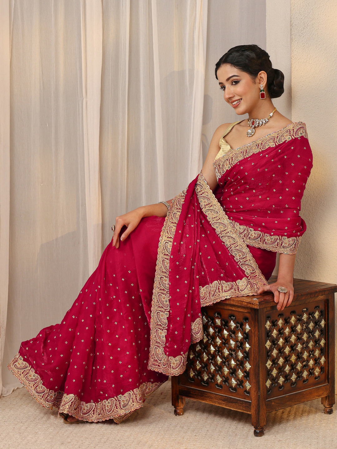 Libas Red Embellished Tissue Saree With Unstitched Blouse Piece