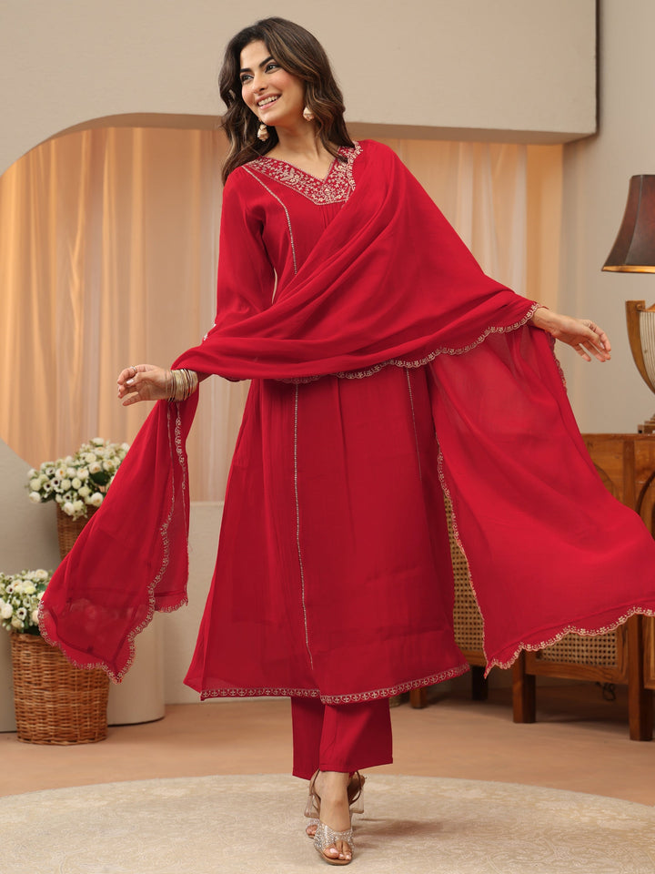 Red Embellished Yoke Silk Blend A-Line Suit Set