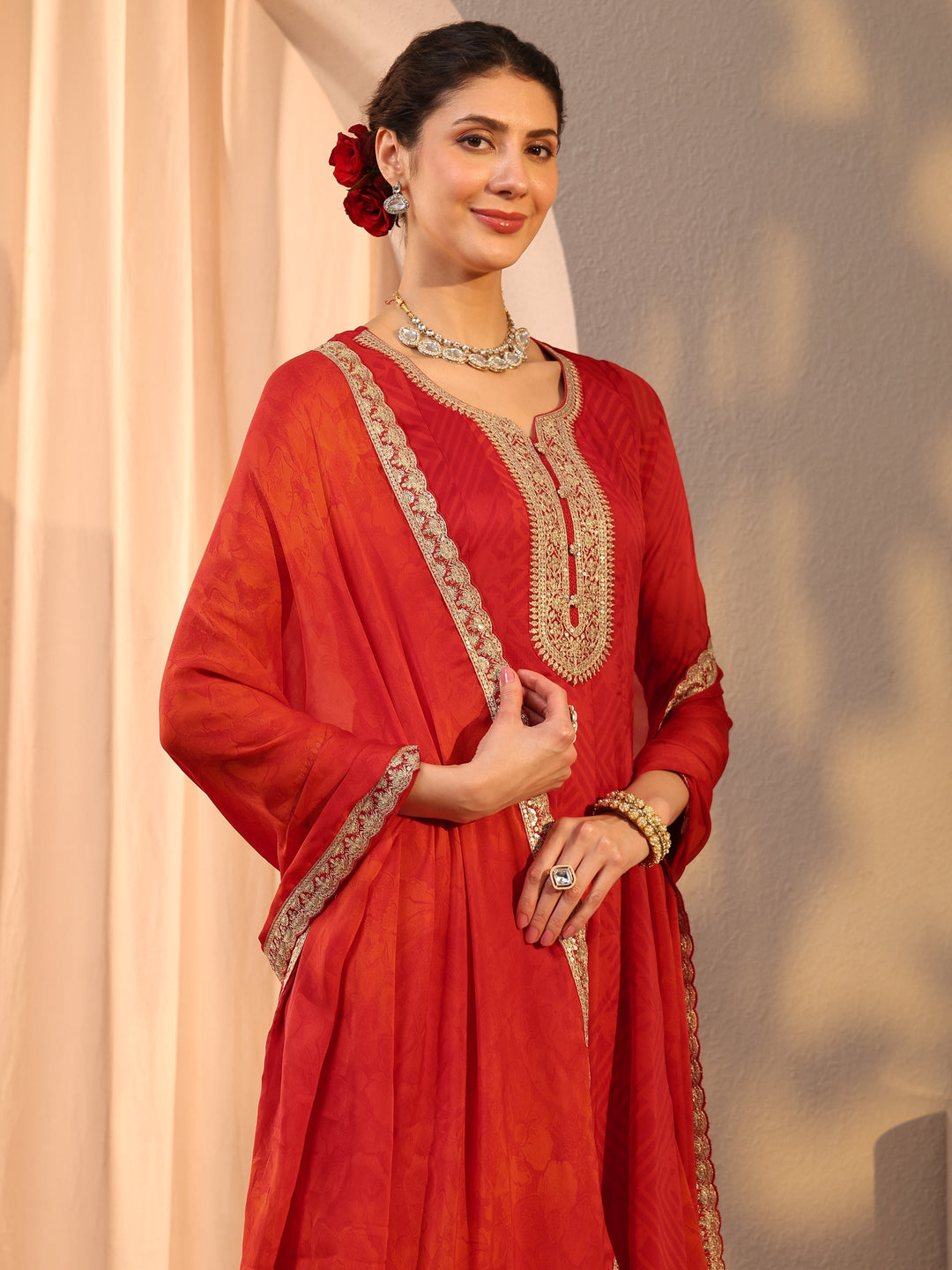Libas Red Embroidered Chiffon Anarkali Suit Set With Dupatta