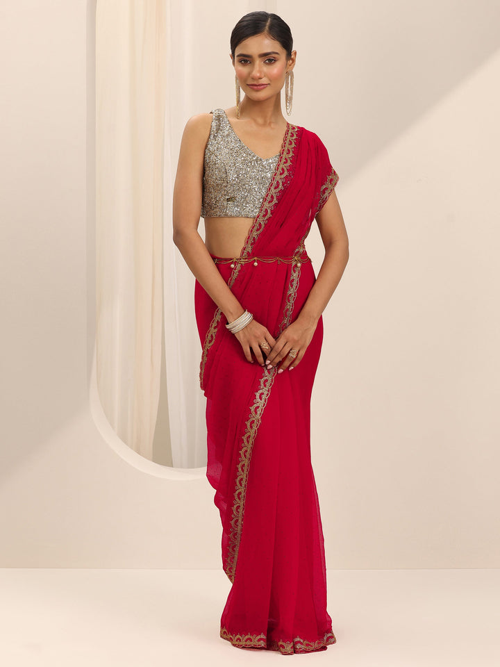 Red Embroidered Chiffon Saree With Unstitched Blouse Piece