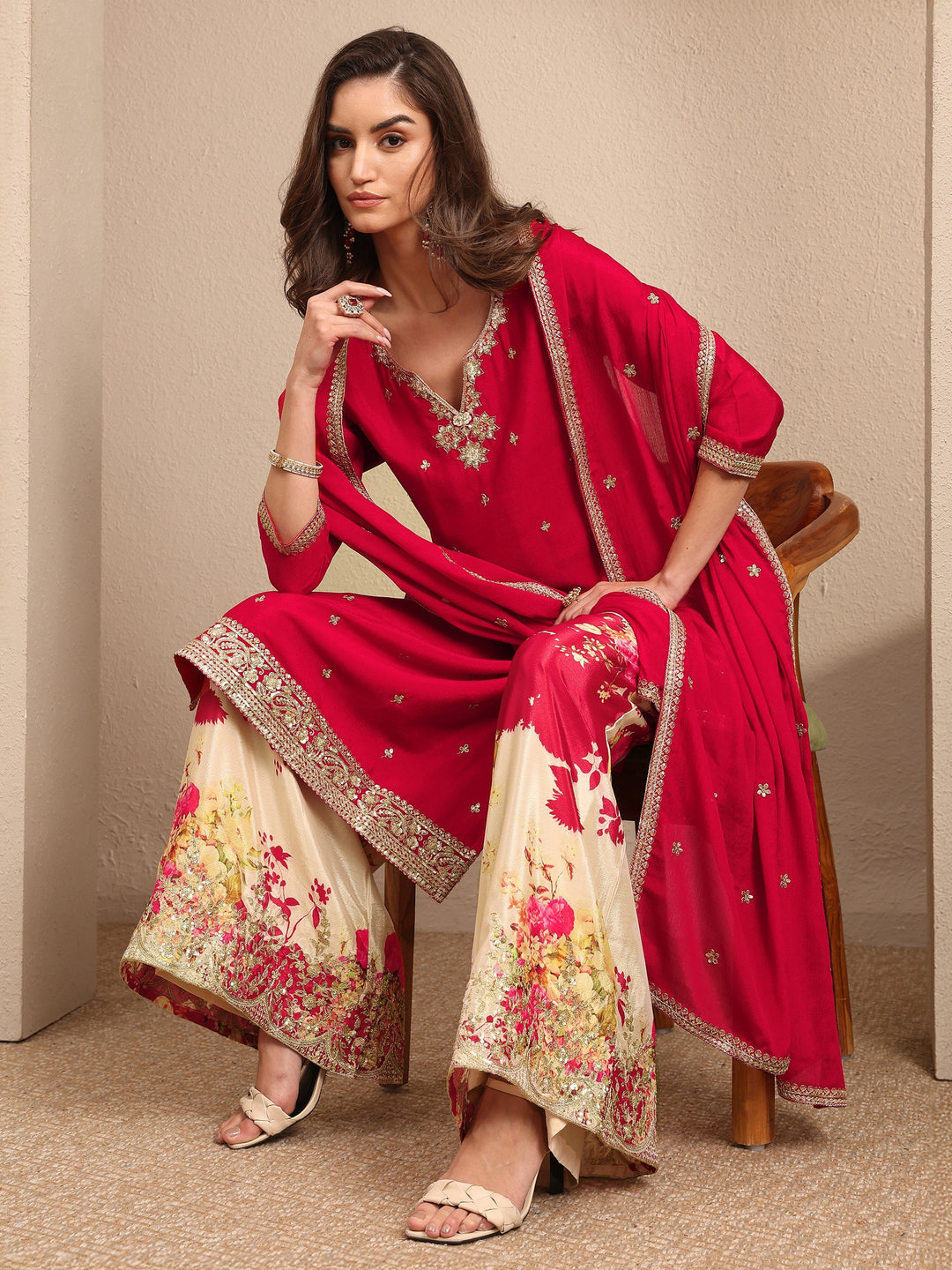 Red Embroidered Chinon Straight Suit Set With Dupatta