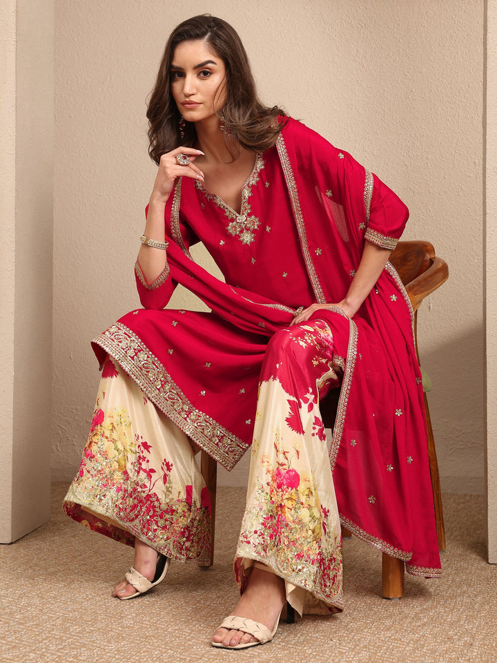 Red Embroidered Chinon Straight Suit Set With Dupatta