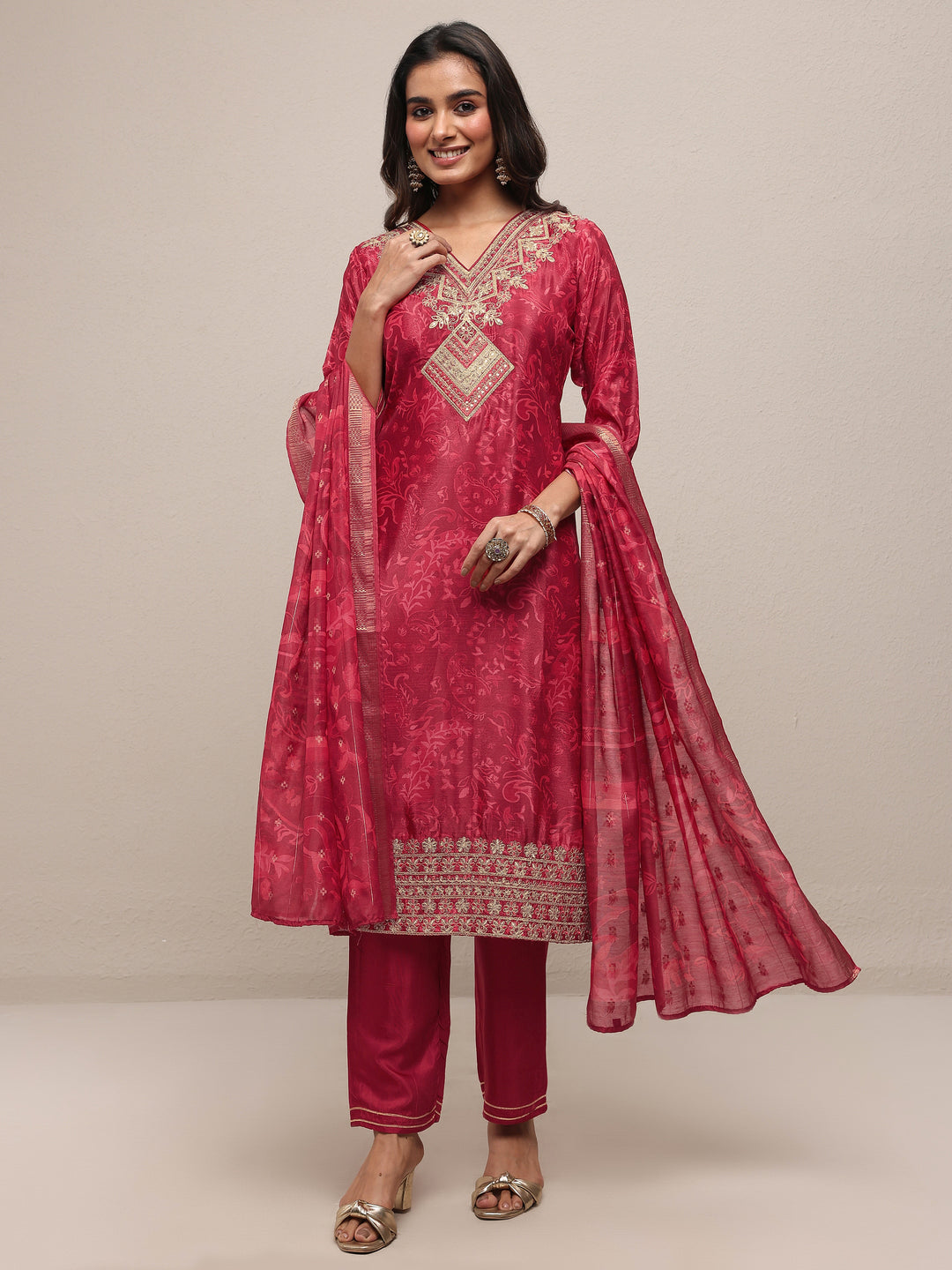 Red Embroidered Chinon Straight Suit Set With Dupatta