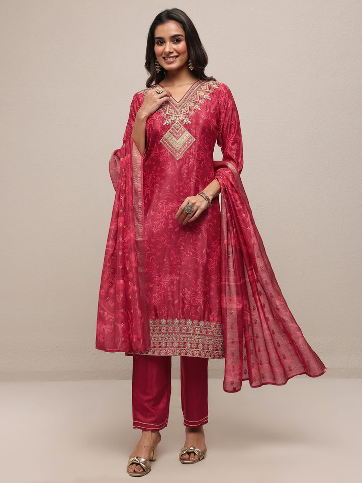 Red Embroidered Chinon Straight Suit Set With Dupatta