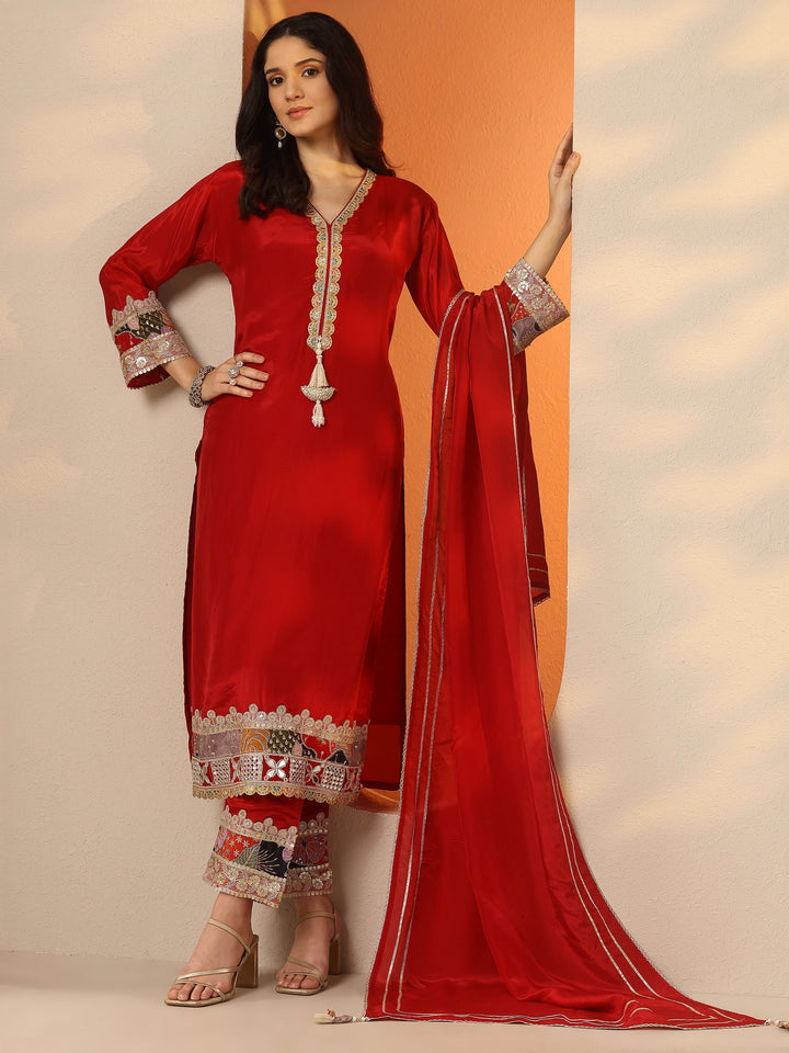 Red Embroidered Crepe Straight Suit Set With Dupatta