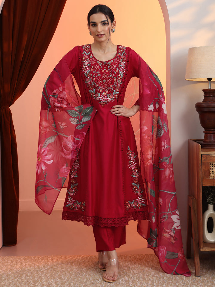 Red Embroidered Silk Blend A-Line Suit Set With Dupatta