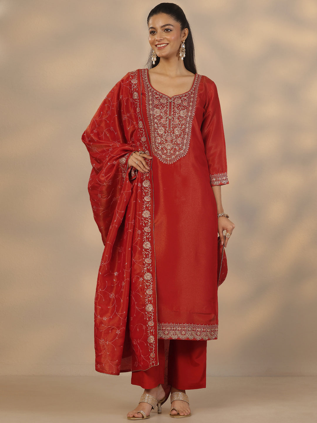 Red Embroidered Silk Blend Straight Suit Set With Dupatta