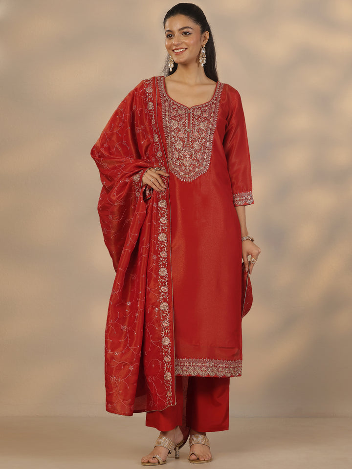 Red Embroidered Silk Blend Straight Suit Set With Dupatta