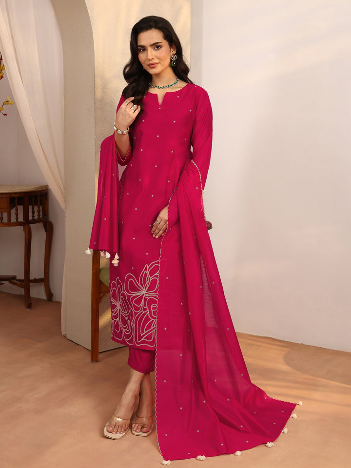 Red Embroidered Silk Blend Straight Suit Set With Dupatta