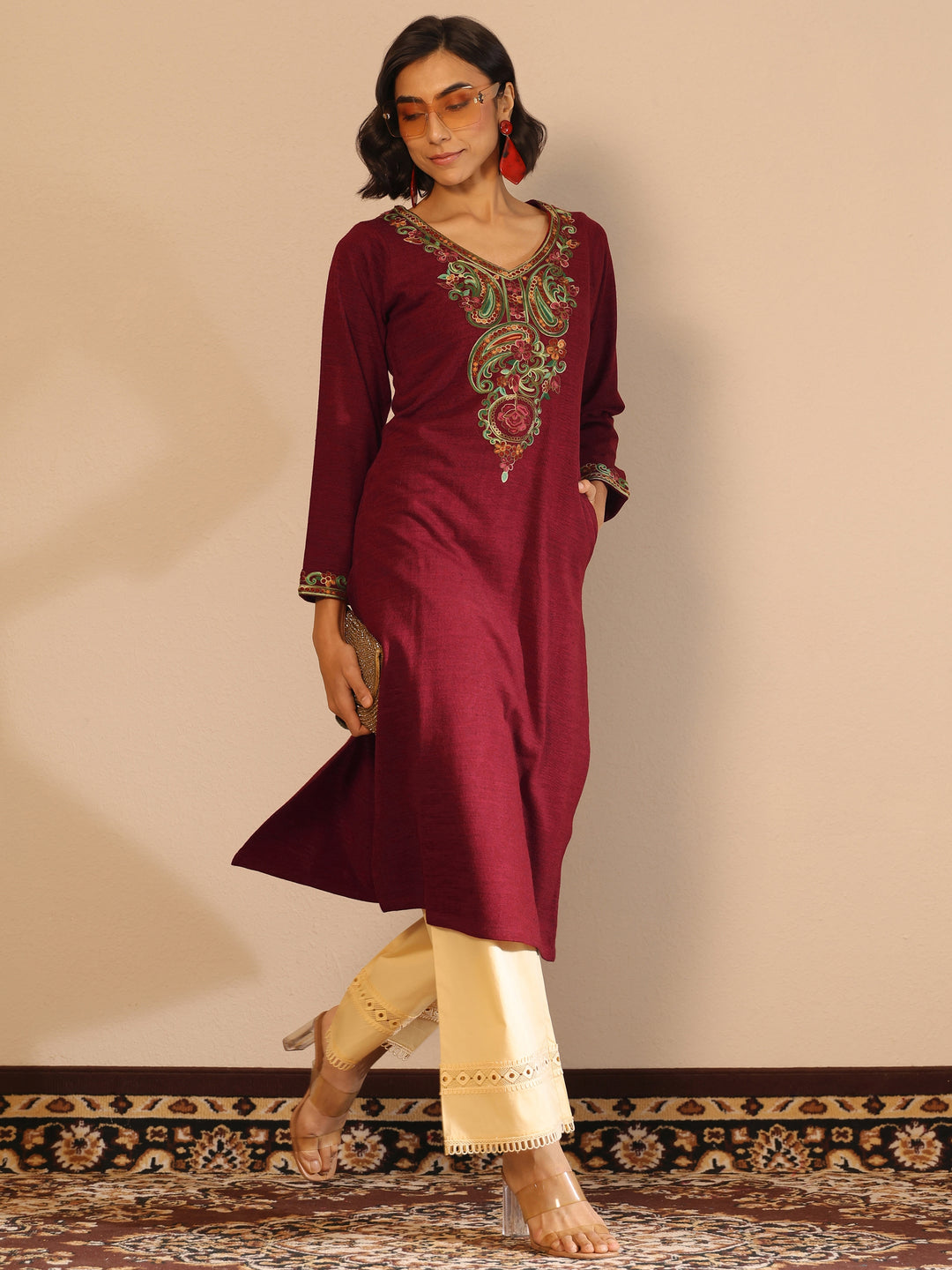 Red Embroidered Wool Straight Kurta