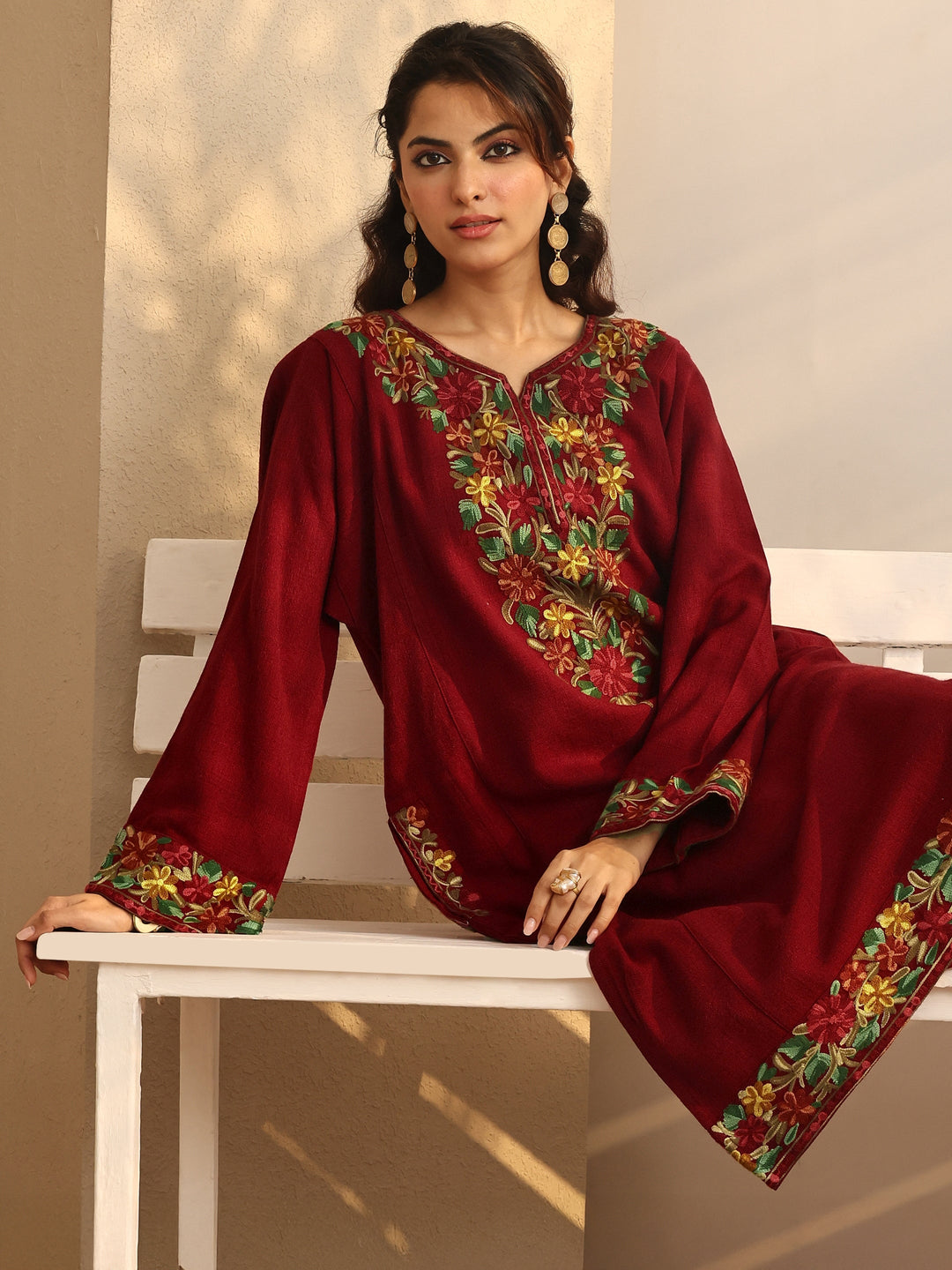 Red Embroidered Wool Straight Kurta