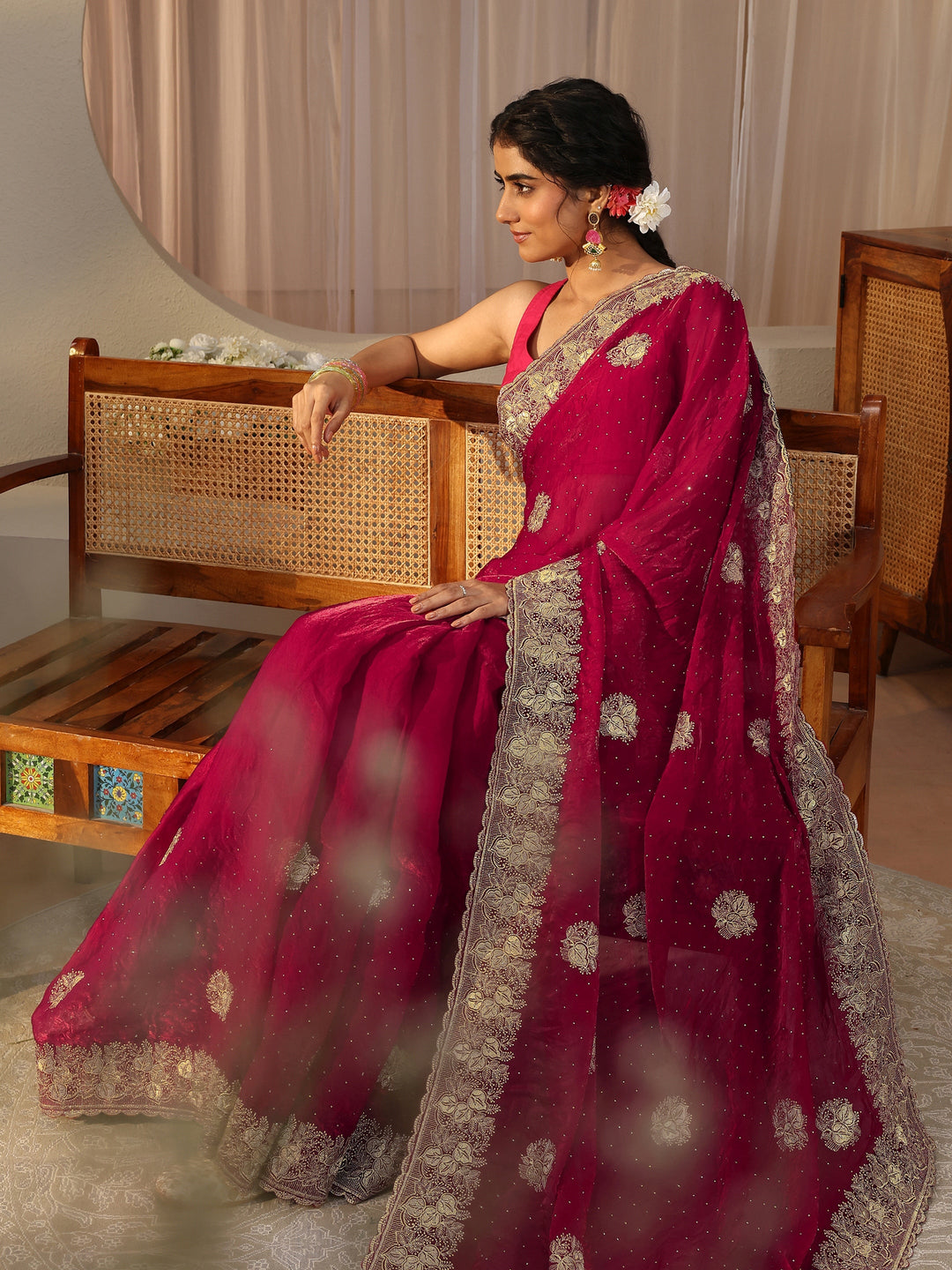 Red Ethnic Embellished Tissue Saree