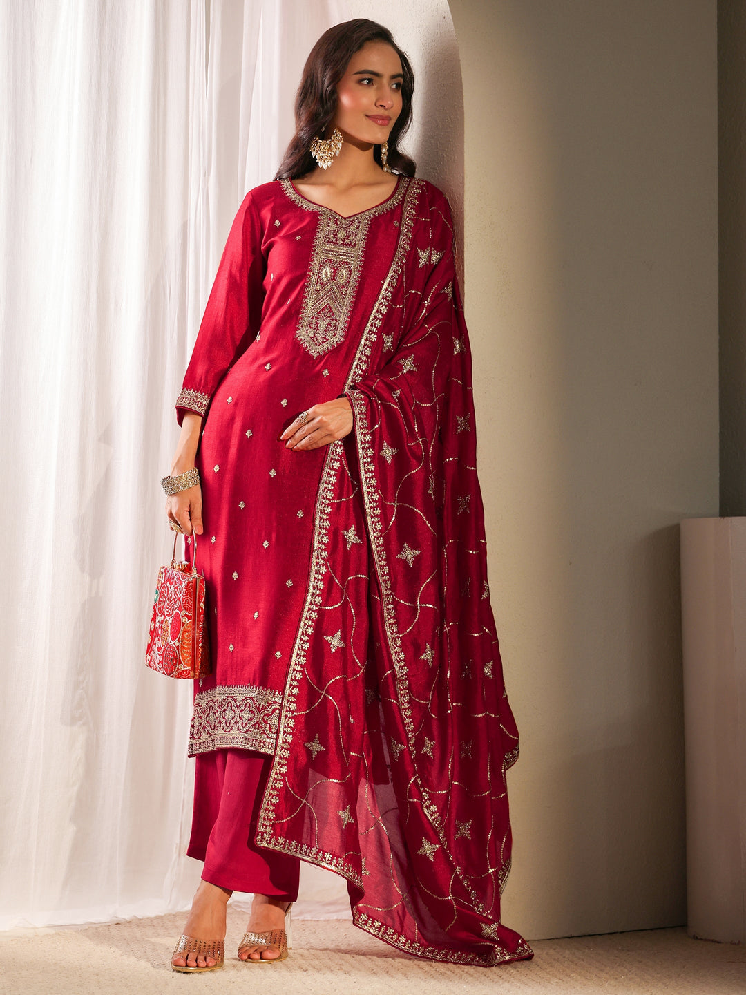 Red Ethnic Embroidered Silk Blend Straight Suit Set With Dupatta