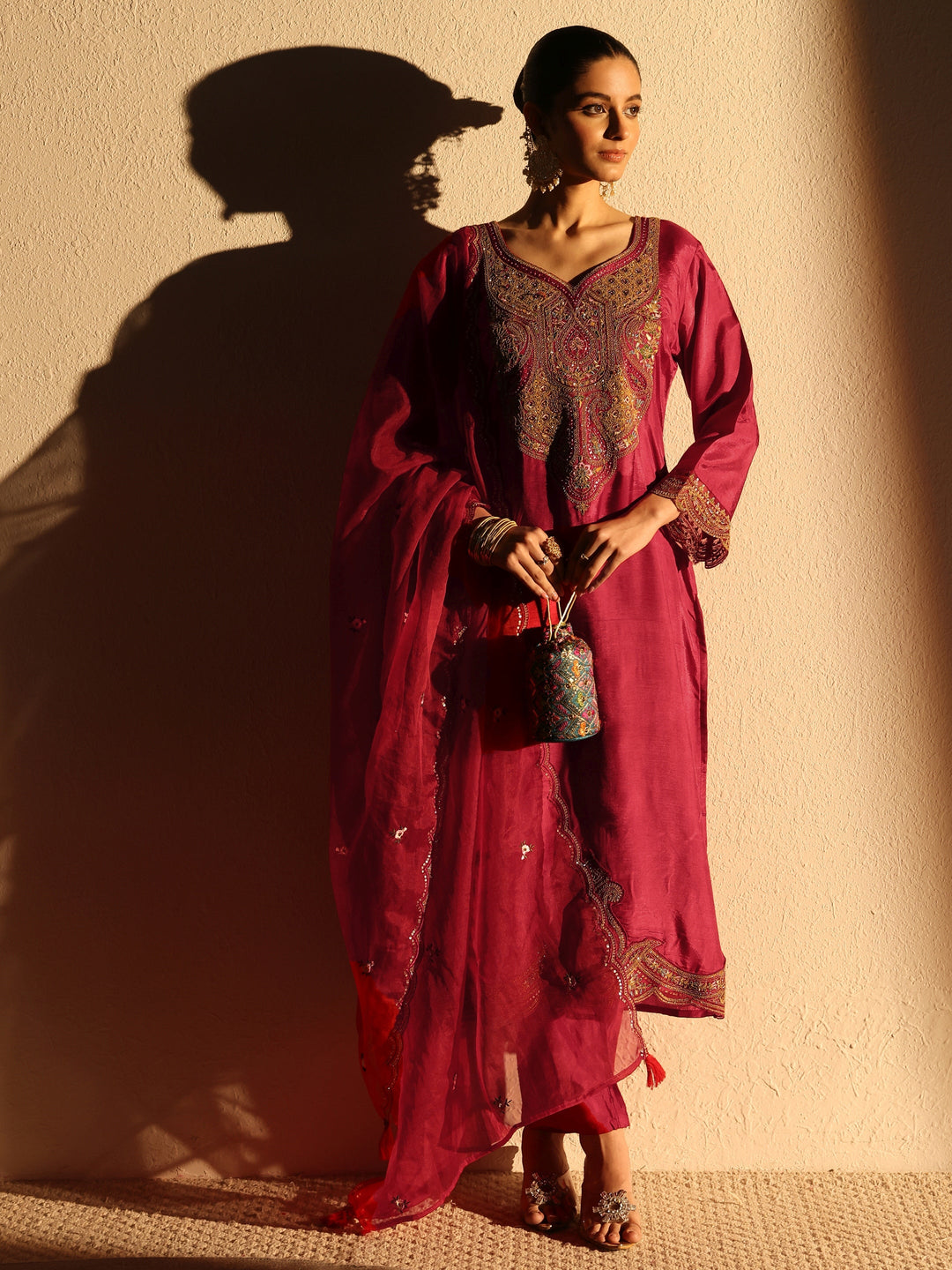 Red Ethnic Embroidered Silk Blend Straight Suits Set With Dupatta