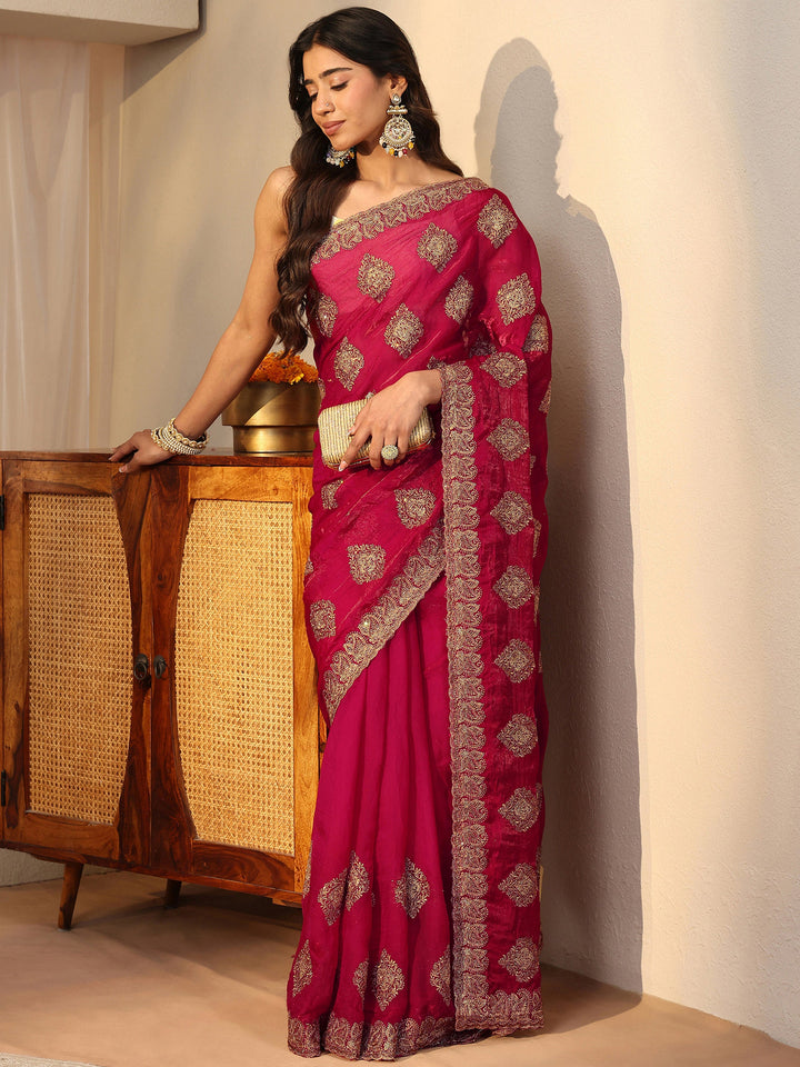 Red Ethnic Embroidered Tissue Saree