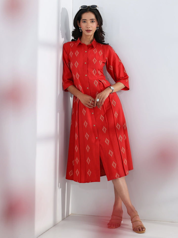 Red Ethnic Motif Woven Design Cotton Blend A-Line One Piece Dress