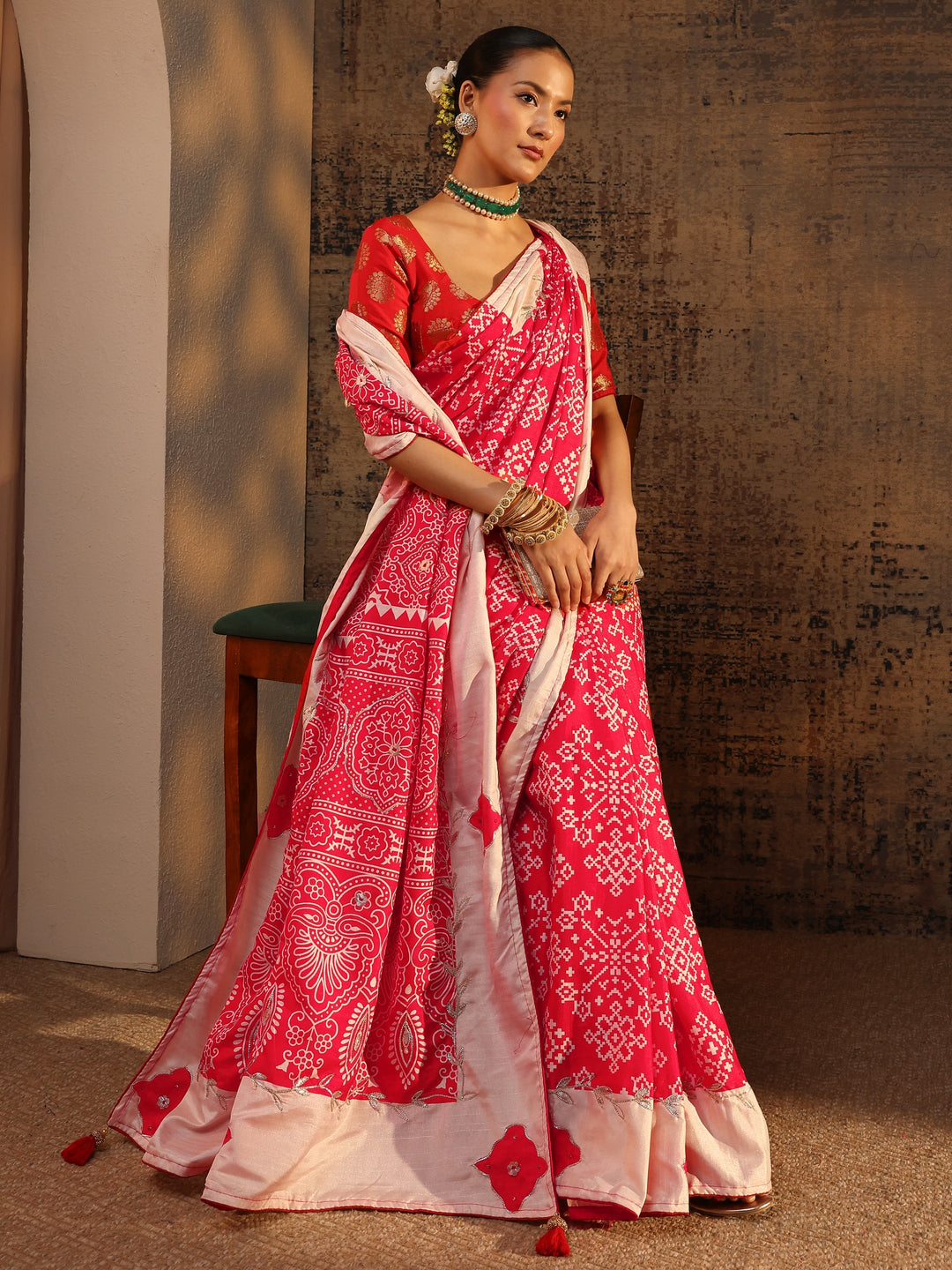 Red Ethnic Motifs Printed Tissue Saree With Unstitched Blouse Piece