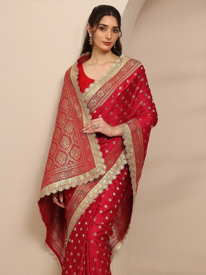 Red Ethnic Motifs Woven Design Silk Blend Saree With Unstitched Blouse Piece