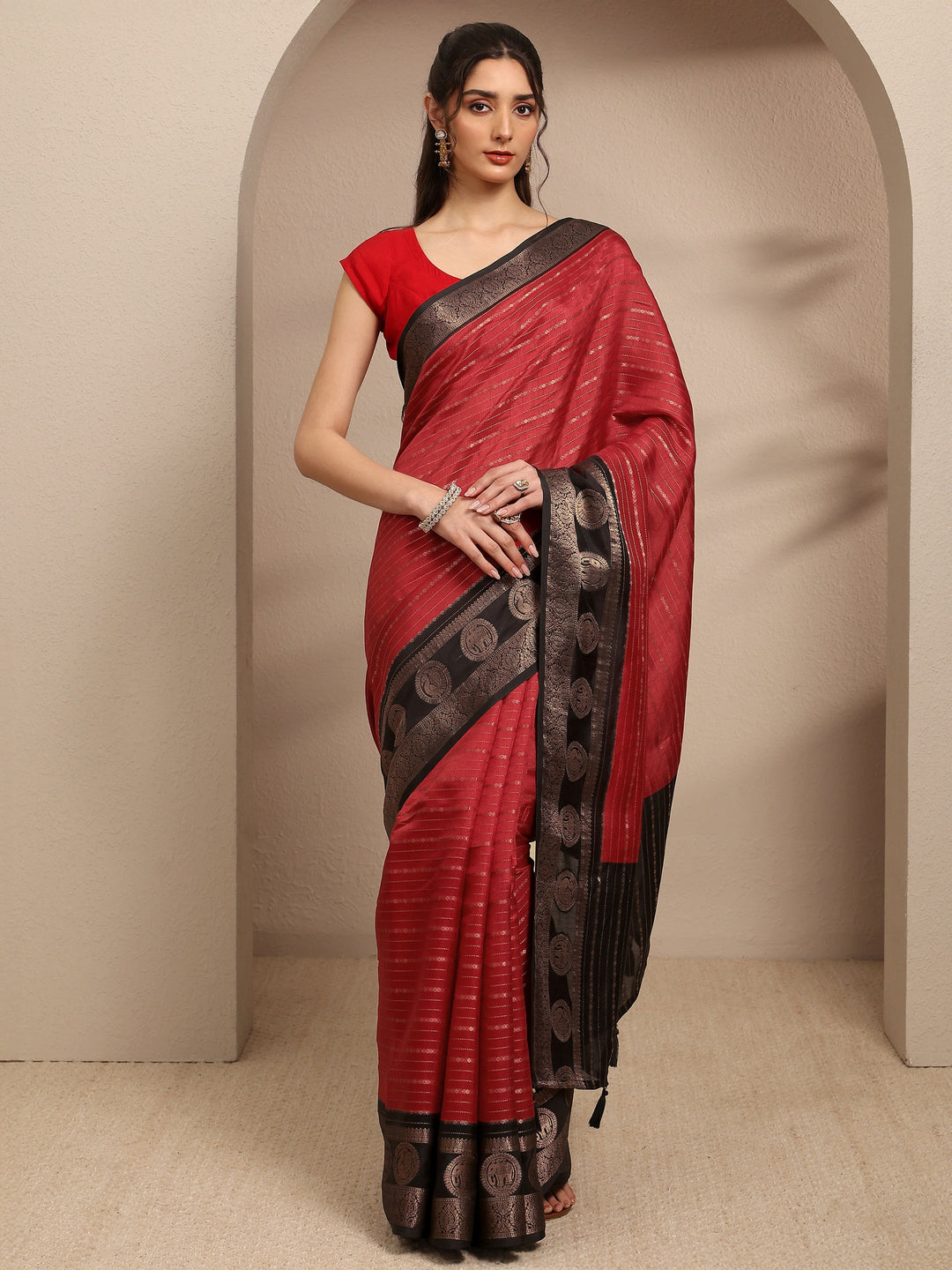 Red Ethnic Motifs Woven Design Silk Blend Saree With Unstitched Blouse Piece