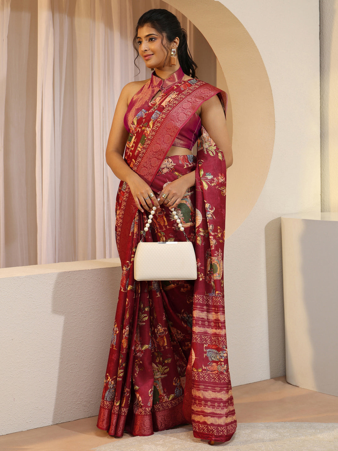 Red Ethnic Print Silk Blend Saree
