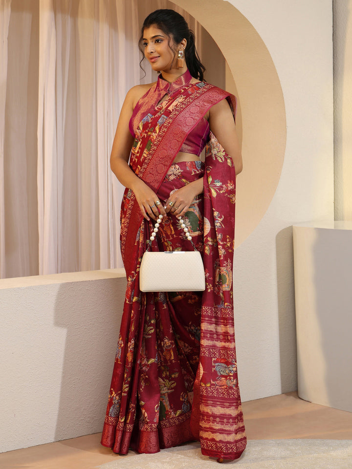 Red Ethnic Print Silk Blend Saree