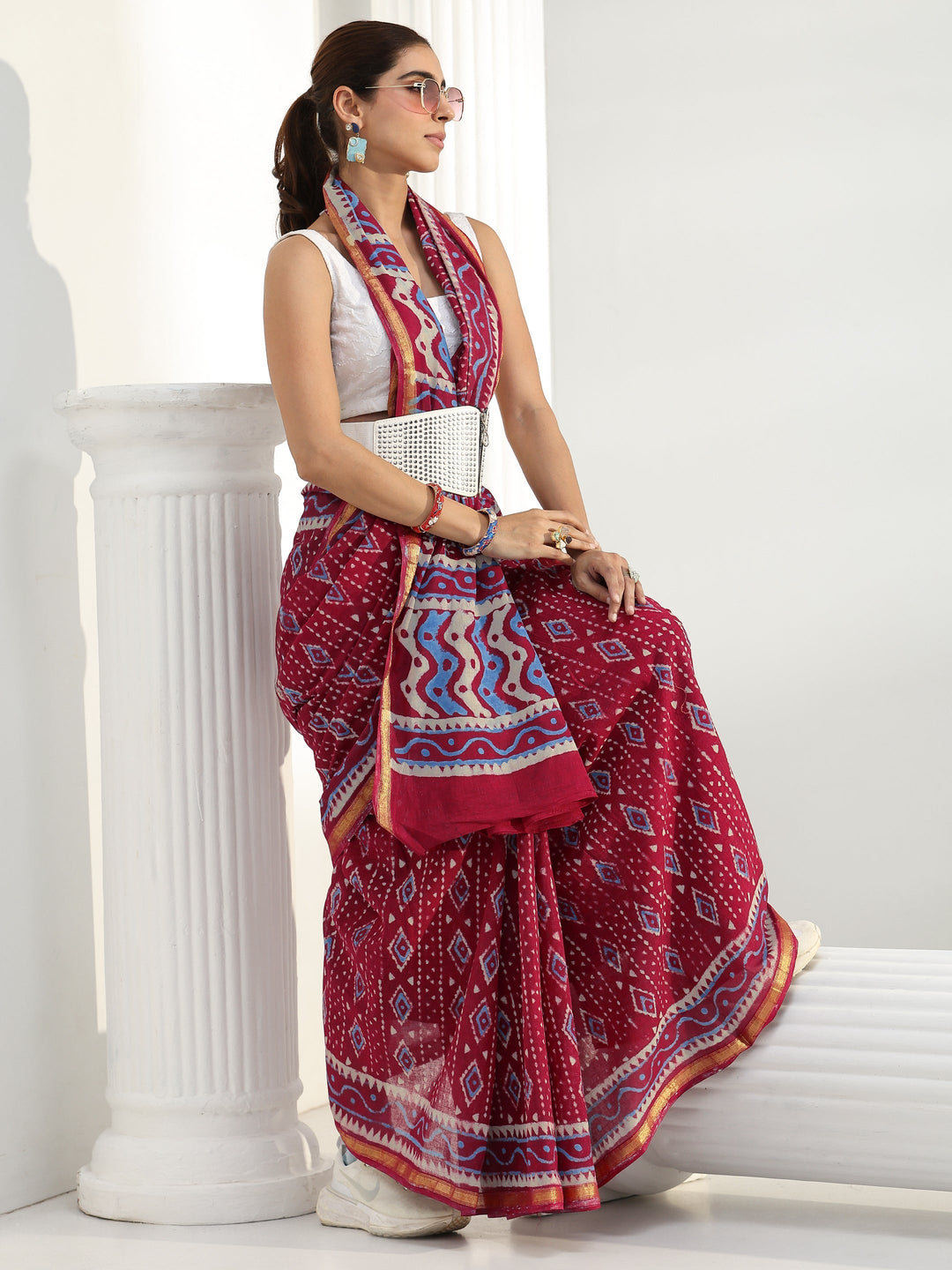 Red Geometric Batik Print Cotton Saree