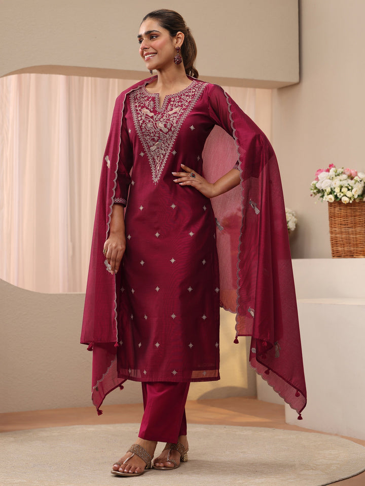 Red Floral Embroidered Chanderi Silk Straight Suit Set
